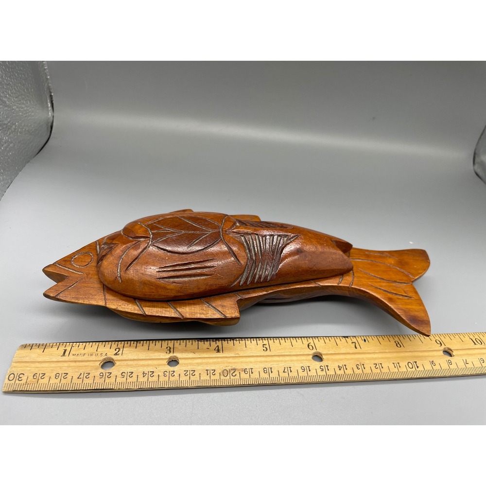 Vintage Hand Carved Wooden Fish Trinket Box Decorative Wood Bowl with Lid 9 Inch - Picture 5 of 5